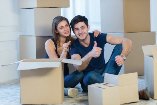 Office furniture and equipment being prepared for a move
