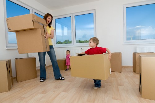 Packed moving boxes and furniture for home removals